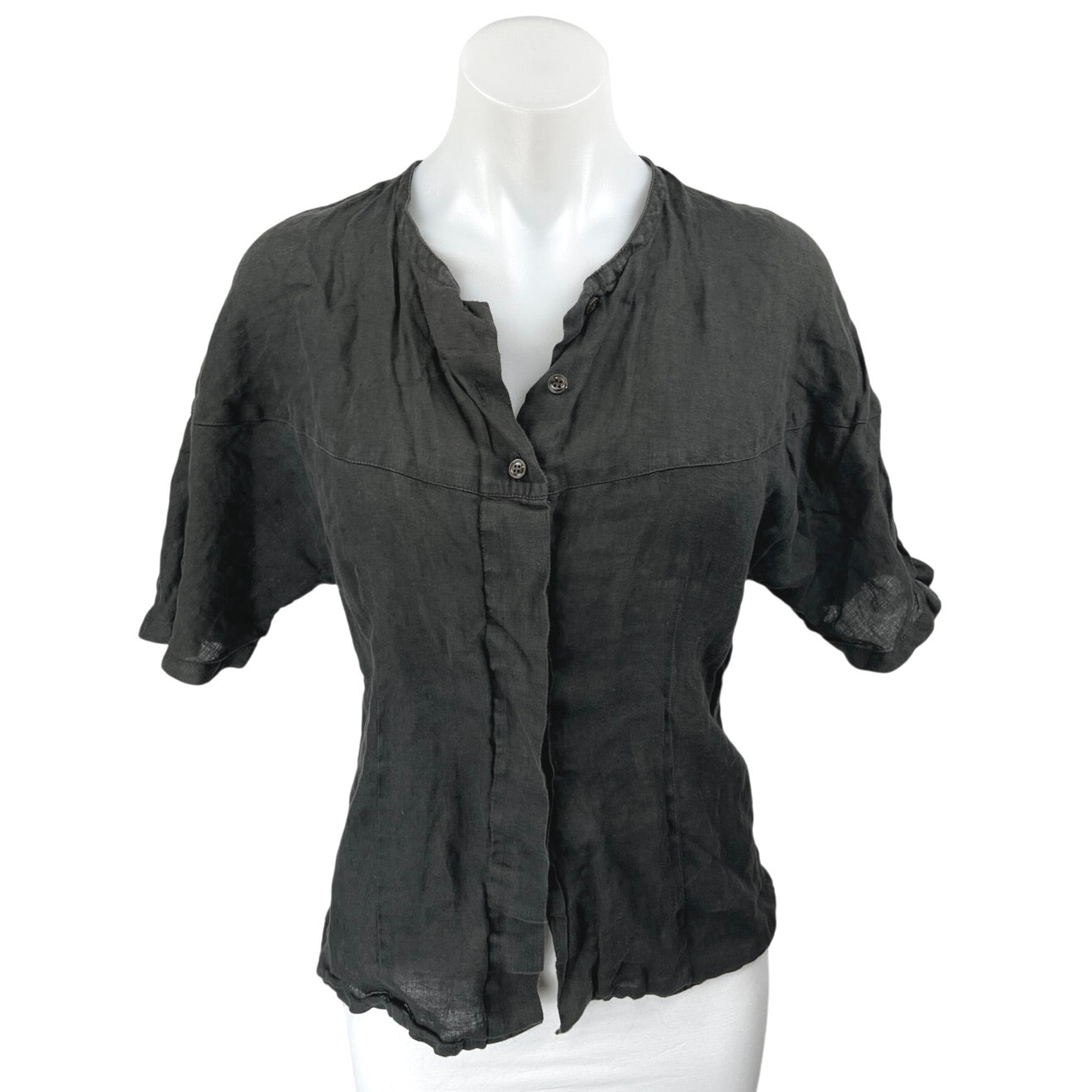 Roberto Verino 100 Linen Black Short Sleeve Button Down Shirt Blouse Top Sz 12
